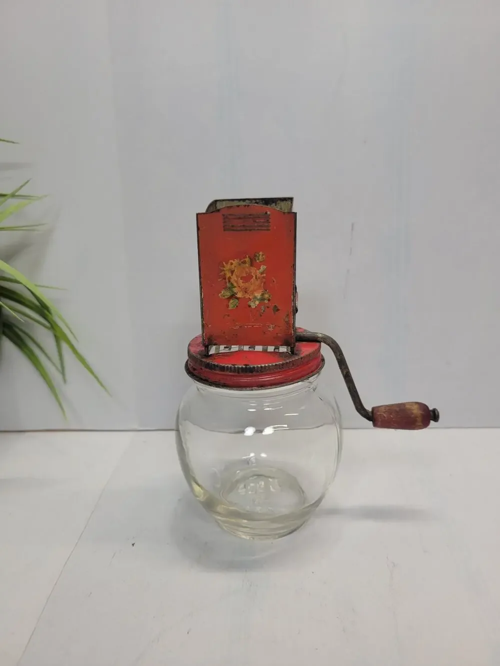 Vintage Hazel Atlas Androck Nut Chopper Grinder Red Floral Glass Kitchen Jar